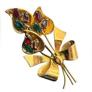 Coro Pegasus gold over sterling silver flower brooch pin colorful rhinestones
